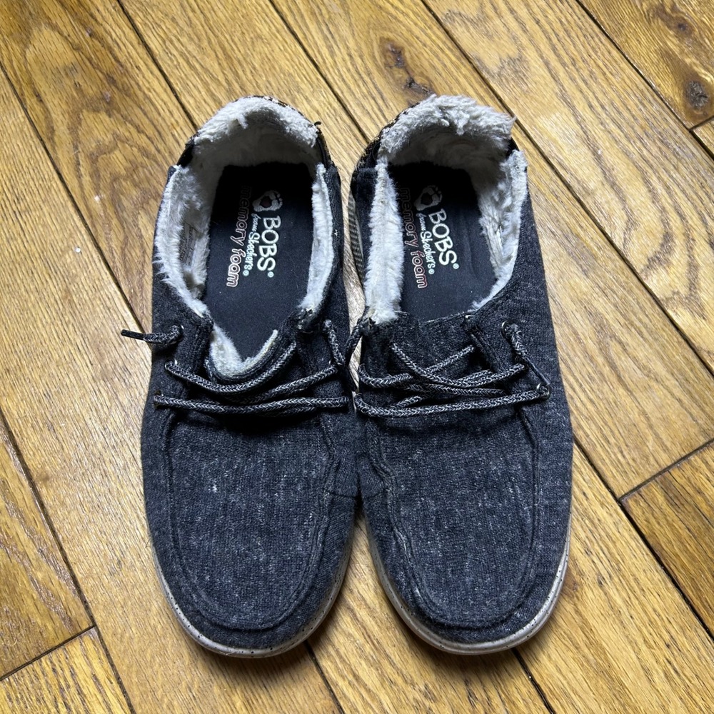 Skechers BOBS Skipper Tide Pool Charcoal Gray Faux Fur Lined Shoes Womens 8